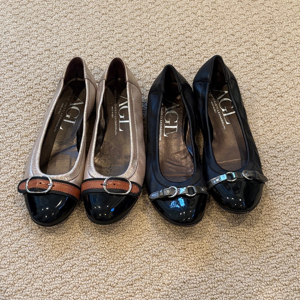 Two AGL Women's Black and Tan Flats with Buckle Detail